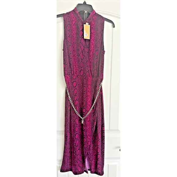 Michael Kors Women's Snakeskin-Print Chain-Belt Sleeveless Midi Dress Fuchsia S - Picture 8 of 15
